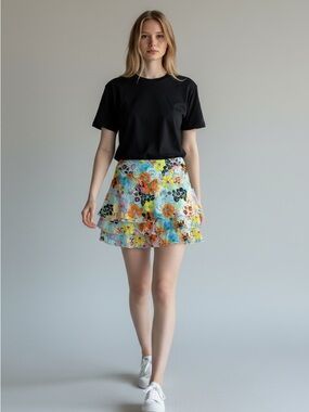 Thalia Sodi - EC - Floral Tiered Mini Skirt - Blue, Yellow, Orange